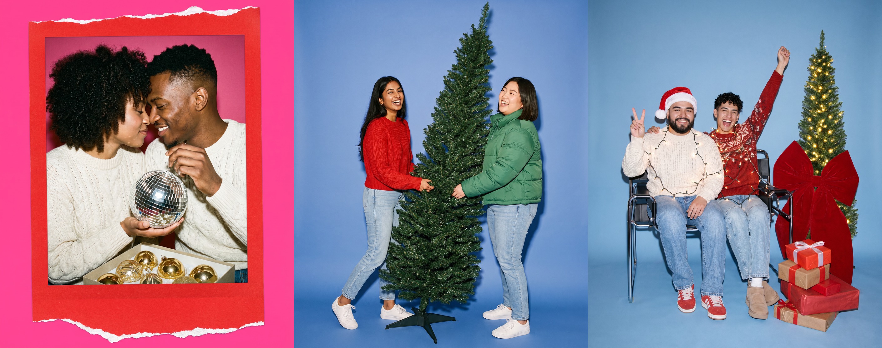 Three styled Christmas scenes: a couple with a disco-ball ornament, two friends with The Mimosa slim tree, two friends with gifts and a giant bow